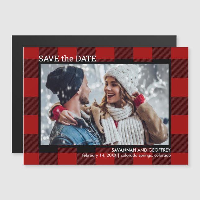 Invitation Magnétique Mariage photo de Red Buffalo Plaid (Devant / Derrière)