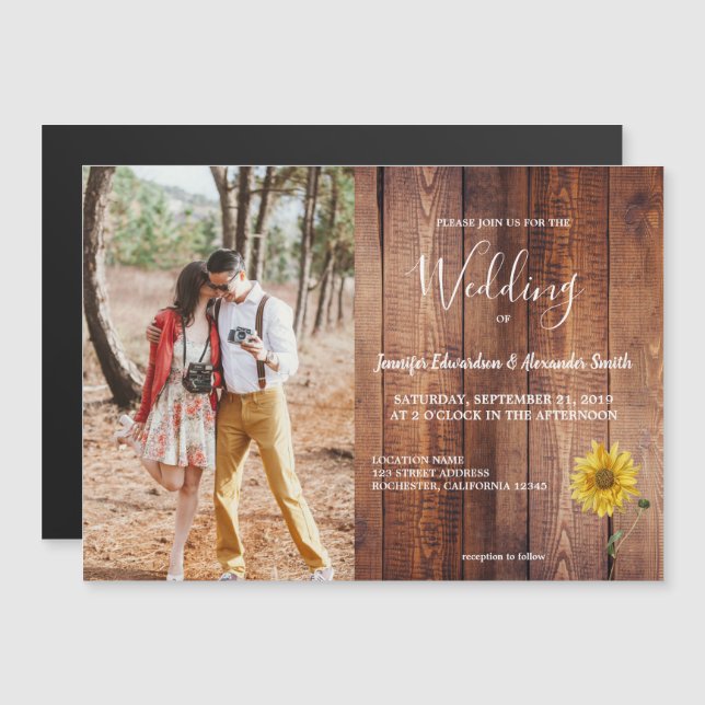Invitation Magnétique Mariage photo de tournesol en bois rustique (Devant / Derrière)