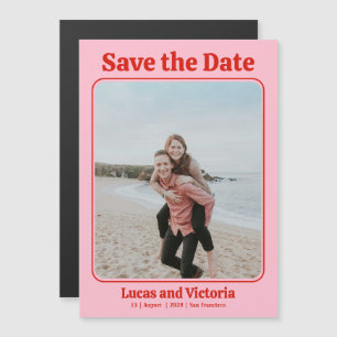 Invitation Magnétique Mariage photo rose et rouge Enregistrer la date
