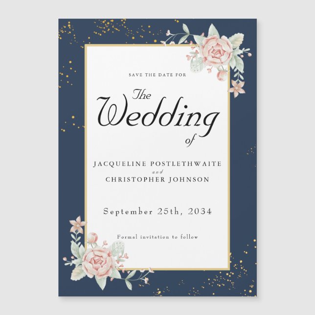 Invitation Magnétique Mariage Rose Bleu Marine Enregistrer La Date (Devant)