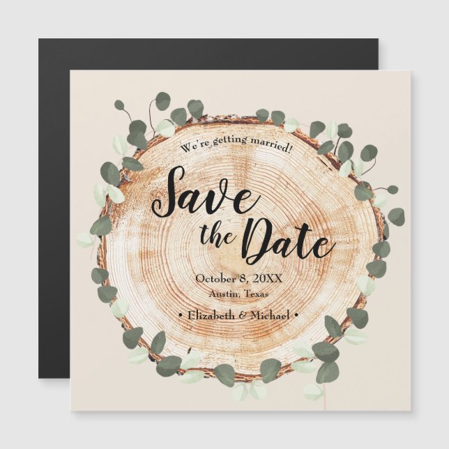 Invitation Magnétique Mariage rustique Eucalyptus coupe bois coupe tranc (Devant / Derrière)