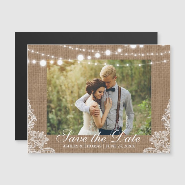 Invitation Magnétique Mariage rustique toile de jute dentelle lumières S (Devant / Derrière)