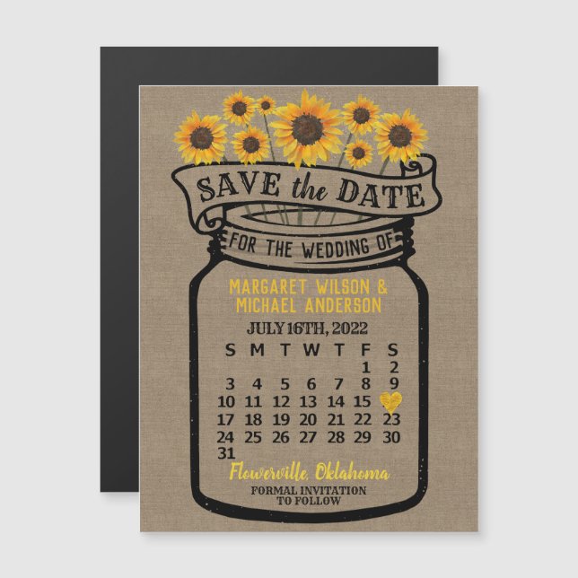 Invitation Magnétique Mariage Sauvez la date Mason Jar Farm Juillet 2022 (Devant / Derrière)