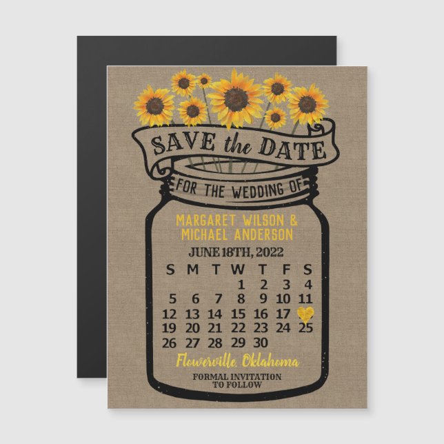 Invitation Magnétique Mariage Sauvez la date Mason Jar Farm Juin 2022 (Devant / Derrière)