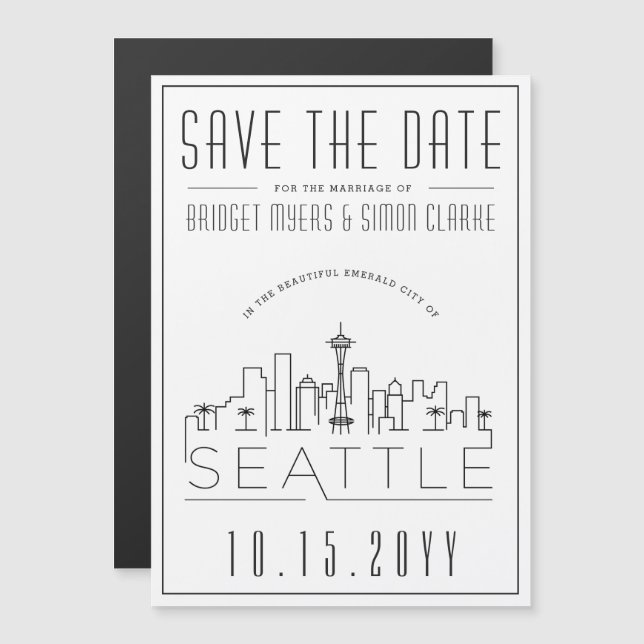 Invitation Magnétique Mariage Seattle | Skyline stylisée Enregistrer la  (Devant / Derrière)