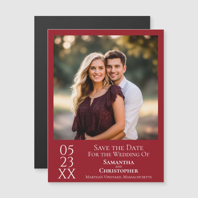 Invitation Magnétique Mariage simple moderne Enregistrer la date Crimson (Devant / Derrière)