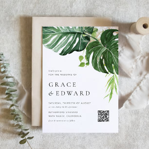 Invitation Magnétique Mariage tropical à code QR Monstera aquarelle