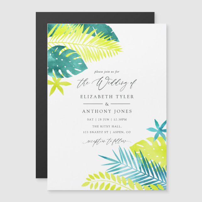 Invitation Magnétique Mariage turquoise et citron tropical (Devant / Derrière)