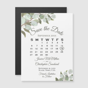 Invitation Magnétique Mariage vert Enregistrer la date Calendrier Blanc