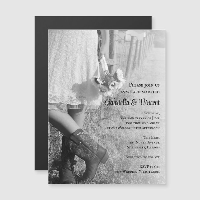 Invitation Magnétique Mariée, Bottes Cowboy et Mariage campagnard de tou (Devant / Derrière)