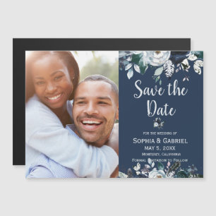 Invitation Magnétique Marine Bleu Rose Floral Mariage Enregistrer la dat