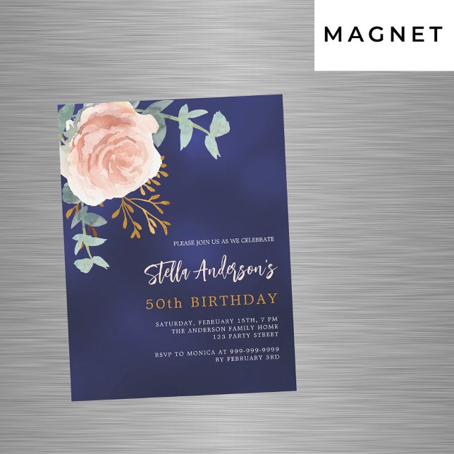 Invitation Magnétique Marine bleu rose or fleuri vert luxe anniversaire (Créateur téléchargé)