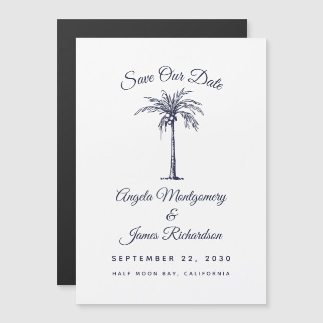 Invitation Magnétique Marine moderne Blue Palm Beach Mariage Sauvez la d (Devant / Derrière)