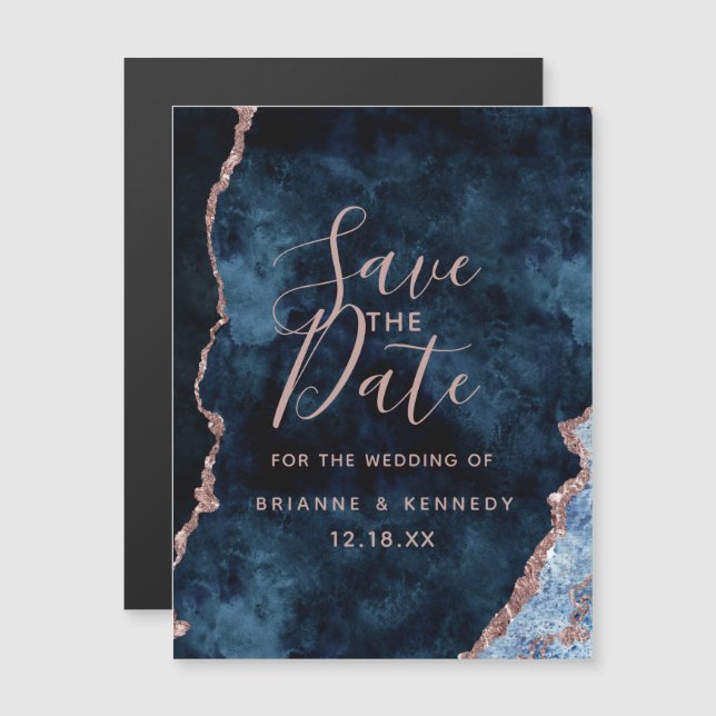 Invitation Magnétique Marine Rose Gold Agate Marbre Enregistrer la date (Devant / Derrière)