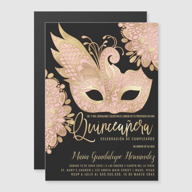 Invitation Magnétique Masque Chic Pink Or Mascarade Masque Español Quinc (Devant / Derrière)
