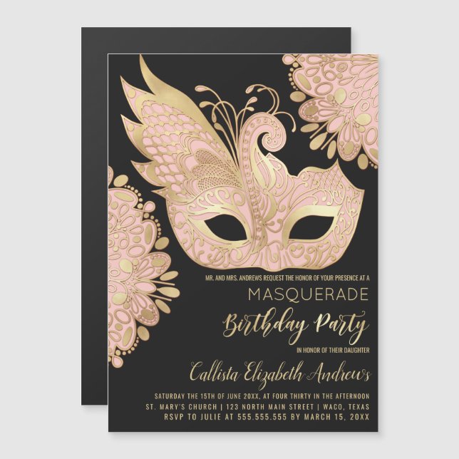 Invitation Magnétique Masque de masquerade noir or rose métallisé pour a (Devant / Derrière)