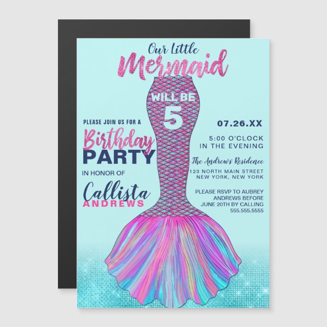 Invitation Magnétique Menthe bleu rose Mermaid Parties scintillant de la (Devant / Derrière)