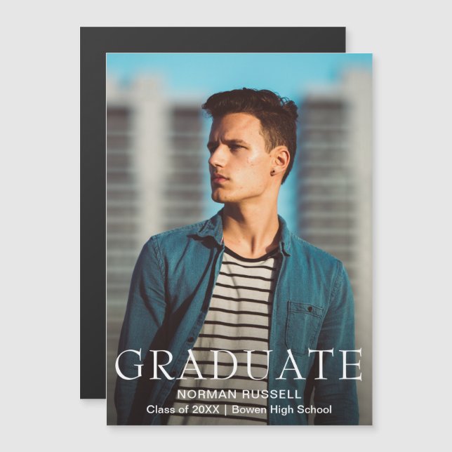 Invitation Magnétique Modern Bold Navy Blue Boy Photo Graduation (Devant / Derrière)