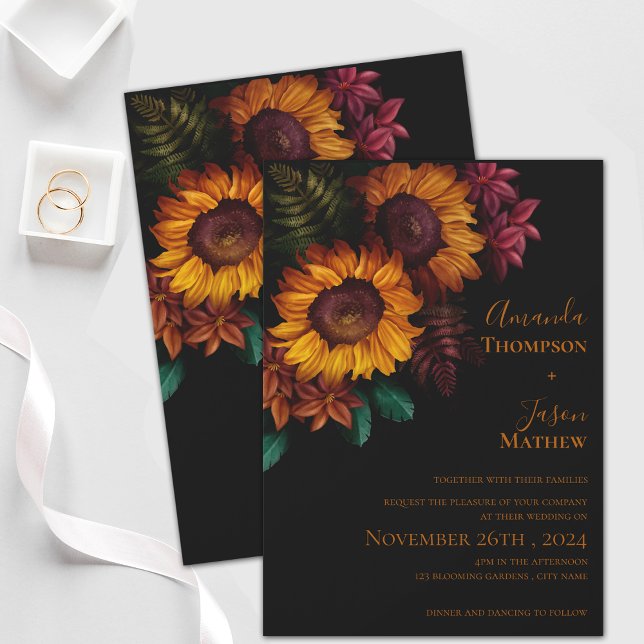Invitation Magnétique Moderne Vibrant Noir Brûlé Orange Floral Mariage (Modern Vibrant Black Burnt Orange Floral Wedding Magnetic Invitation)