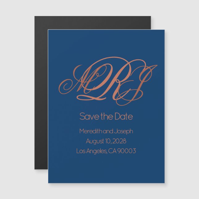 Invitation Magnétique Monogramme Élégant Cuivre Bleu Marine Enregistrer  (Devant / Derrière)