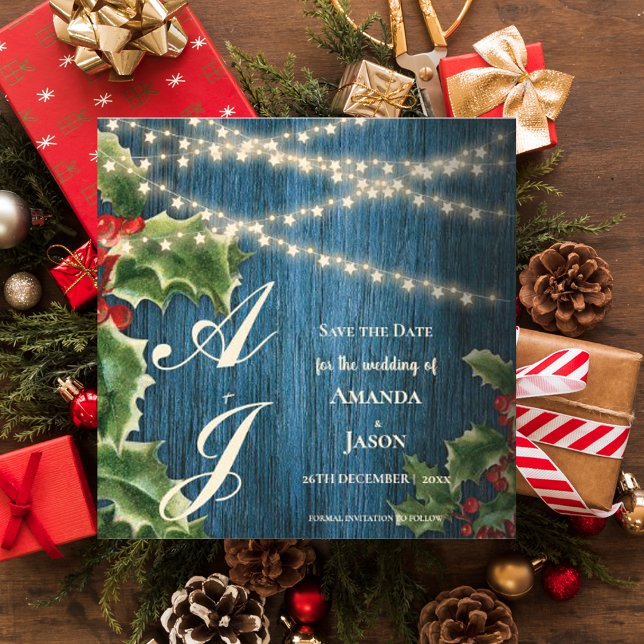 Invitation Magnétique Monogramme en bois bleu Noel Mariage de Noël Écono (Blue Wood Monogram Christmas Wedding Save The Date Magnetic Invitation)