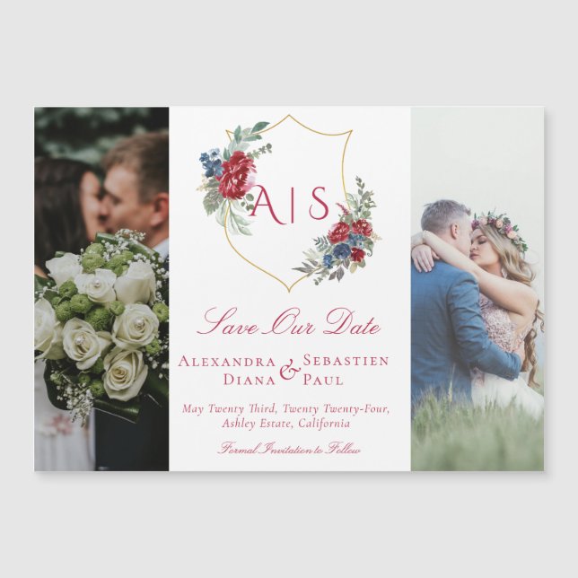 Invitation Magnétique Monogramme Floral Crest Photo Collage Enregistrer  (Devant)