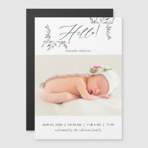 Invitation Magnétique Naissance de bébé fille en hiver avec verdure rust