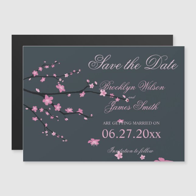 Invitation Magnétique Noir Cerisier Magnétique Fleur Mariage Enregistrer (Devant / Derrière)