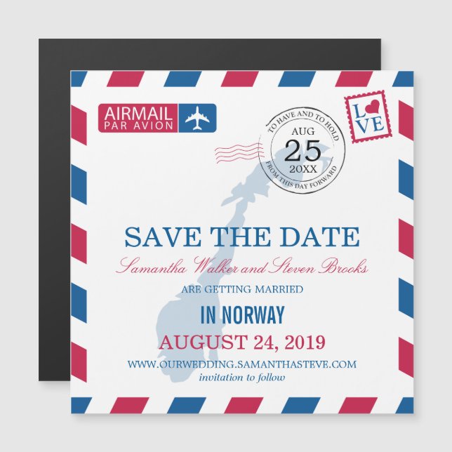 Invitation Magnétique Norvège Airmail Enregistrer la date (Devant / Derrière)