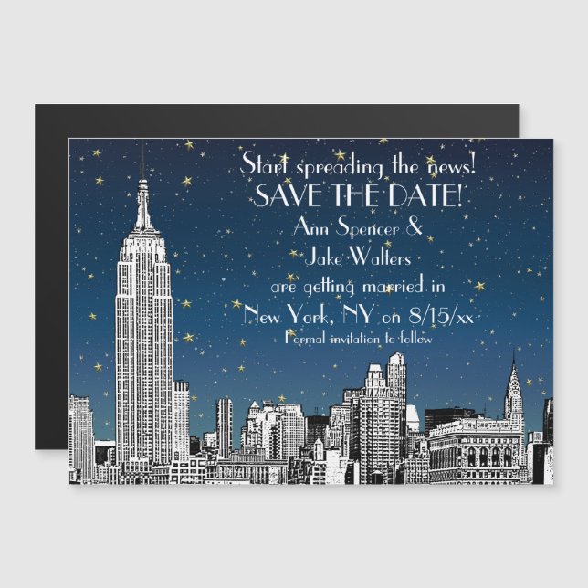 Invitation Magnétique NYC Skyline 01 Etched Blue Starry Enregistrer la d (Devant / Derrière)