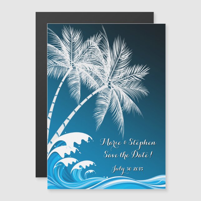 Invitation Magnétique OMBRÉ BLUE TROPICAL PALMS Enregistrer la date (Devant / Derrière)