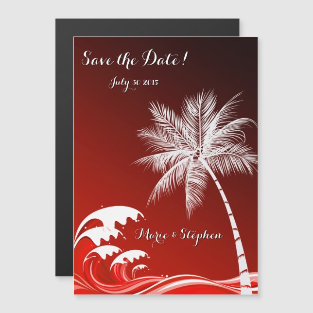 Invitation Magnétique OMBRÉ CRIMSON TROPICAL PALMS Enregistrer la date (Devant / Derrière)