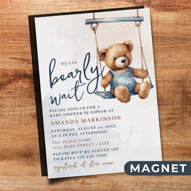 Invitation Magnétique On peut attendre Denim Teddy Bear Baby shower (Créateur téléchargé)