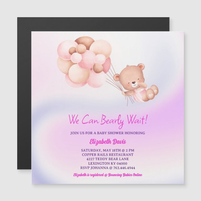 Invitation Magnétique On Peut Attendre Le Baby shower Rose Violet Fille (Devant / Derrière)