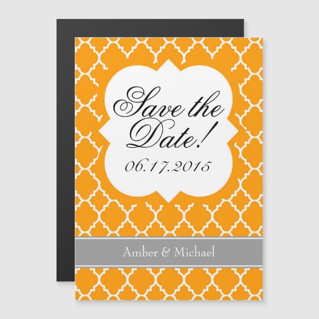 Invitation Magnétique Orange Blanc Quatrefoil Enregistrer l'aimant Date (Devant / Derrière)