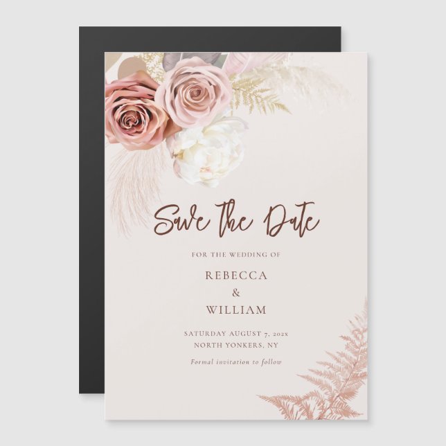 Invitation Magnétique Pampas Grass Floral Script Mariage Enregistrer La  (Devant / Derrière)