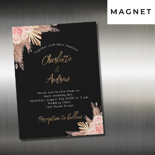 Invitation Magnétique Pampas noir mariage gazon rose or fleuri luxe