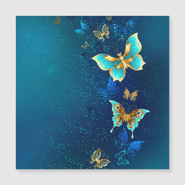 Invitation Magnétique Papillons d'or sur un Arrière - plan bleu (Devant)