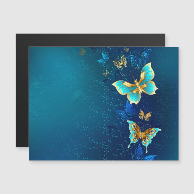 Invitation Magnétique Papillons d'or sur un Arrière - plan bleu (Devant / Derrière)