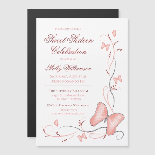 Invitation Magnétique Papillons roses et frissons sucrés 16 (Devant / Derrière)