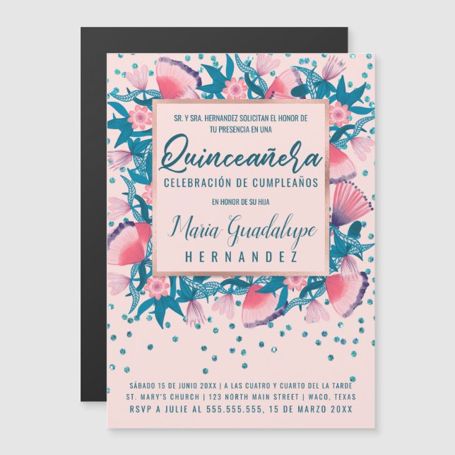 Invitation Magnétique Parties scintillant rose Confetti Floral Español Q (Devant / Derrière)