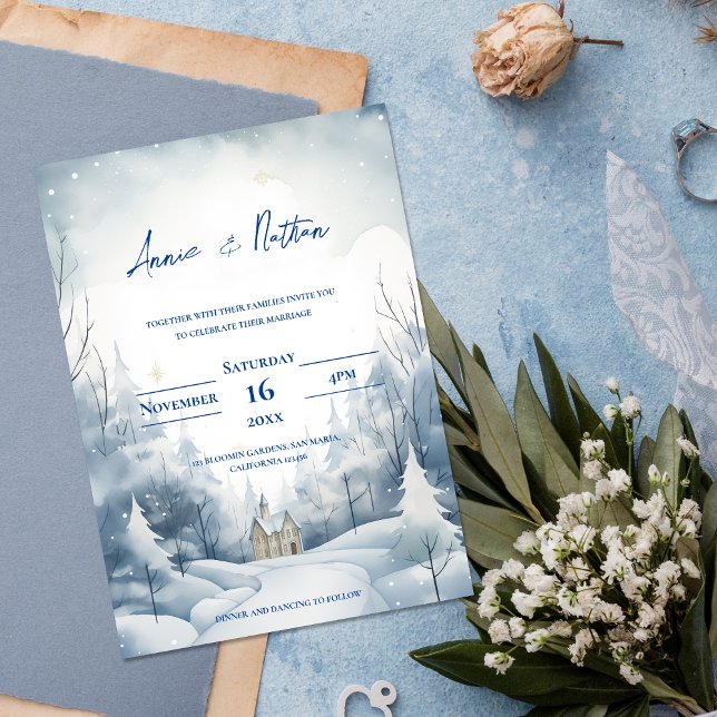 Invitation Magnétique Paysage neigeux mignon Mariage d'hiver (Cute Snowy Landscape Winter Wedding Magnetic Invitation)