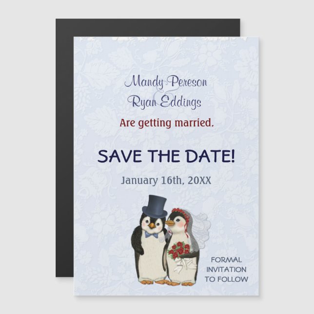 Invitation Magnétique Penguin Mariage Hiver Magnétique Enregistrer La Da (Devant / Derrière)