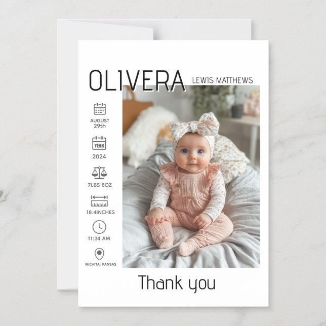 Invitation Magnétique Photo bébé et statistiques (Recto)