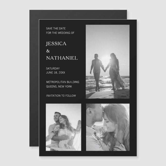 Invitation Magnétique Photo Collage Black Modern Wedding Enregistrer la  (Devant / Derrière)