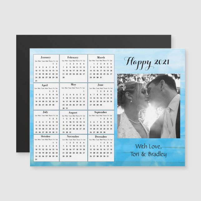 Invitation Magnétique Photo de mariage Dégradé bleu Mini calendrier 2021 (Devant / Derrière)