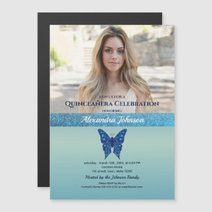 Invitation Magnétique Photo de Quinceañera avec paillettes bleues