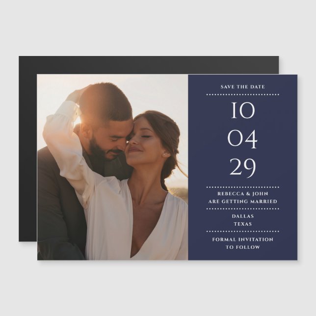 Invitation Magnétique Photo Mariage Moderne Bleu Marine Enregistrer La D (Devant / Derrière)