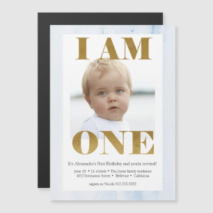 Invitation Magnétique Photo moderne Pale Blue + Gold 1er anniversaire