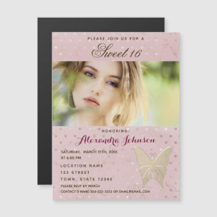 Invitation Magnétique Photo Sweet 16 Girl Pink and Gold Butterfly